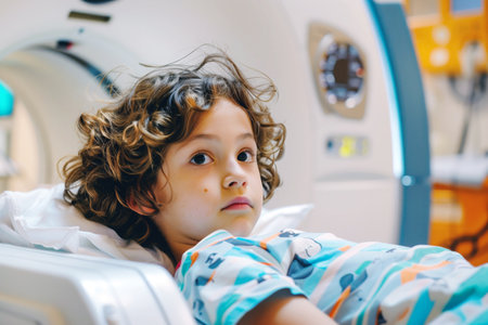 Cute little boy in pajamas lying on ct scanner bed.の素材