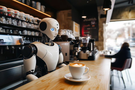 AI-driven robotic barista expertly crafts coffee.の素材