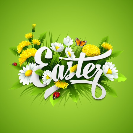 Title Easter with spring flowers. Vector illustrationのイラスト素材