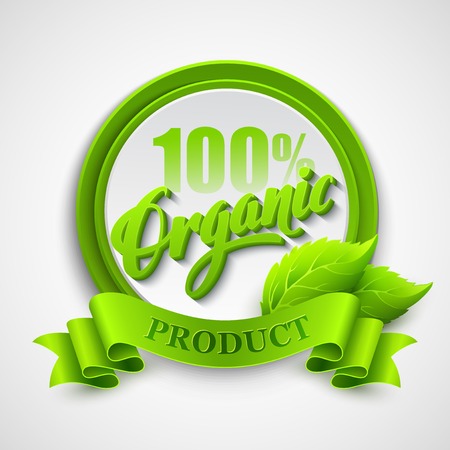 Organic emblem with ribbon and green leaves. Vector illustration のイラスト素材