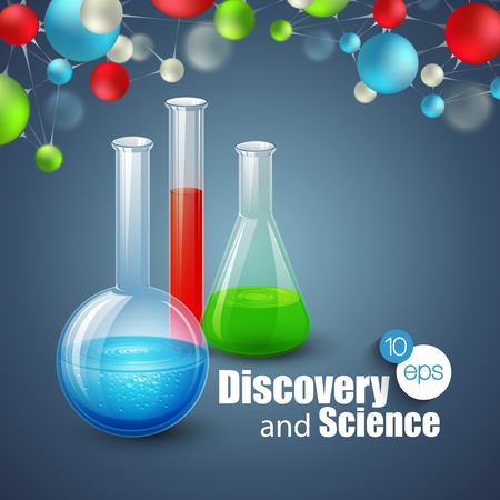Chemical Science and discovery. Vector illustration. Molecule and flasksのイラスト素材