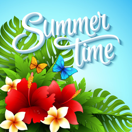 Vector illustration with tropical plants and flowers のイラスト素材