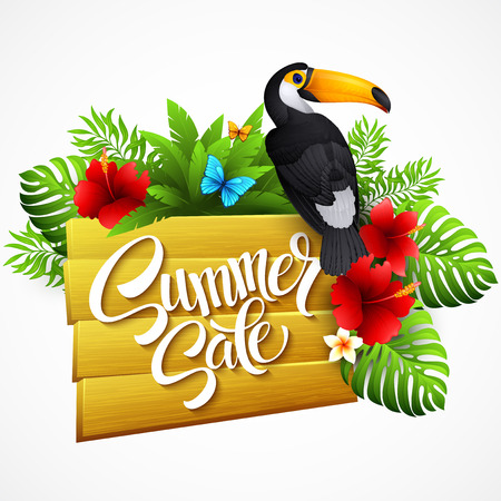 Vector illustration with tropical plants and flowers のイラスト素材