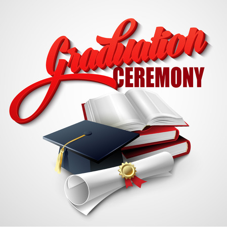 Graduation Ceremony. Book, hat and certificate. Vector illustration 
のイラスト素材
