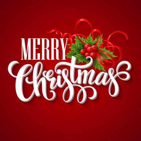 Merry Christmas lettering card with holly. Vector illustration EPS 10のイラスト素材