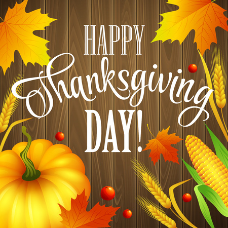Hand drawn thanksgiving greeting card with leaves, pumpkin and spica on wood background. Vector illustrationのイラスト素材