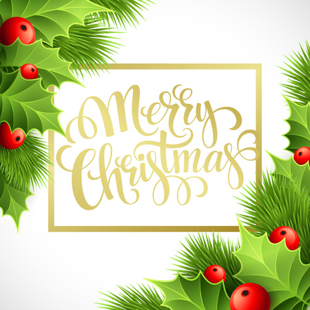 Merry Christmas lettering card with holly. Vector illustration EPS 10のイラスト素材
