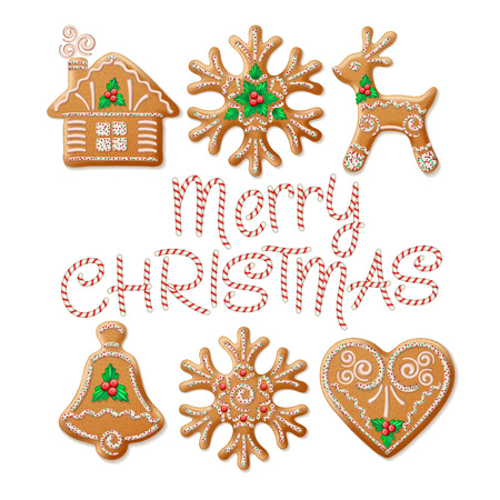 Ornate realistic  set traditional Christmas gingerbread. Vector illustrationのイラスト素材