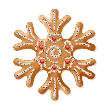 Ornate realistic vector traditional Christmas gingerbread Snowflake. Vector illustration のイラスト素材