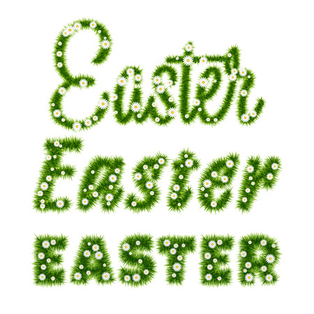 Easter Lettering Template with grass and flowers. Vector illustration EPS10のイラスト素材