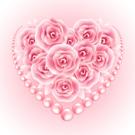 Pink roses, pearl and heart shap frame. Vector illustration EPS10のイラスト素材
