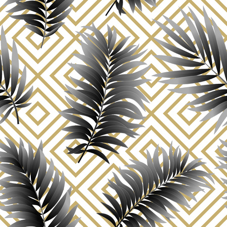 Tropical  palm leaves seamless geometric background.のイラスト素材
