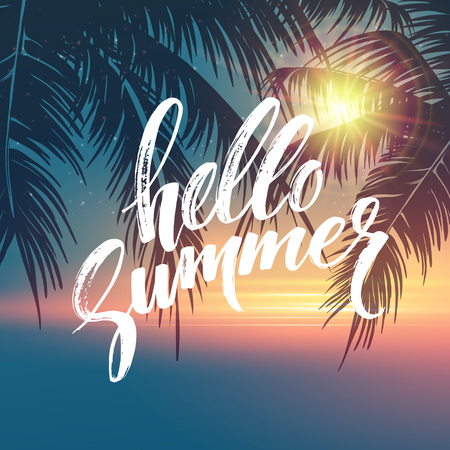 Hello summer background. Tropical palm leaves pattern, handwriting lettering. Palm Tree branches. Tropic paradise backdrop. Vector illustration EPS10 Hello summer background. Tropical palm leaves pattern, handwriting lettering. Palm Tree branches. Tropic paradise backdrop. Vector illustration EPS10