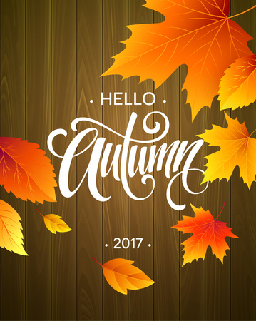 Hello, Autumn. The trend calligraphy. Background of Fall leaves. Concept leaflet, flyer, poster advertising. Vector illustration EPS10のイラスト素材