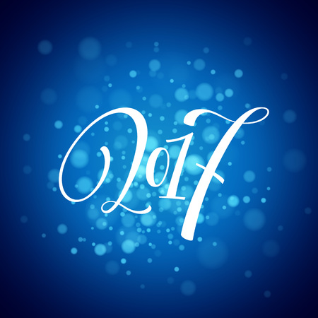 Marry Christmas and Happy New Year 2017 lettering . Christmas vector illustration with realistic bokeh, blured lights background. Greeting card. Vector illustration 2017のイラスト素材