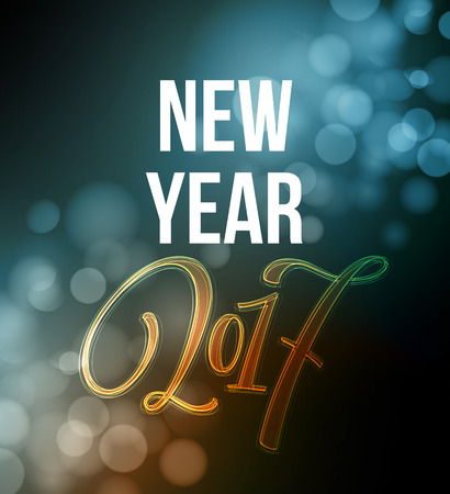 Marry Christmas and Happy New Year 2017 lettering . Christmas vector illustration with realistic bokeh, blured lights background. Greeting card. Vector illustration 2017のイラスト素材