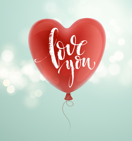 Valentines day greeting card with red heart shape balloon. Vector illustrationのイラスト素材