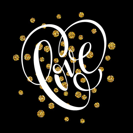 Happy Valentines Day hand lettering, with golden glitter . Vector illustrationのイラスト素材