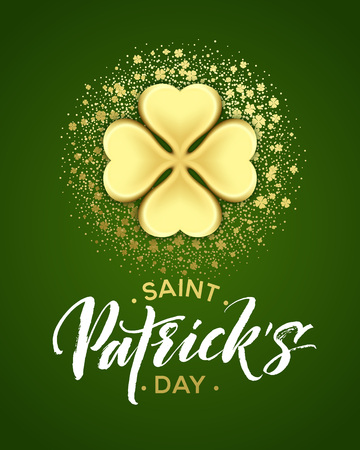 Happy saint Patricks day greeting poster with lettering text and golden glitter clover leaves. Vector illustrationのイラスト素材