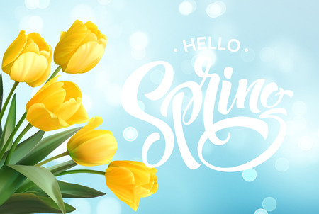 Hello Spring hand Lettering with tulip flower. Vector illustrationのイラスト素材