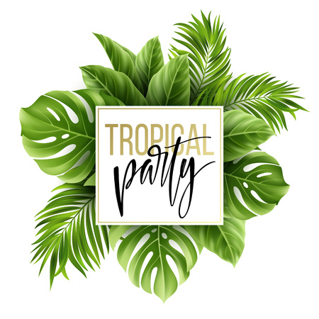 Summer tropical leaf pattern with exotic palm leaves. Party flyer template. Handwriting lettering. Vector illustrationのイラスト素材