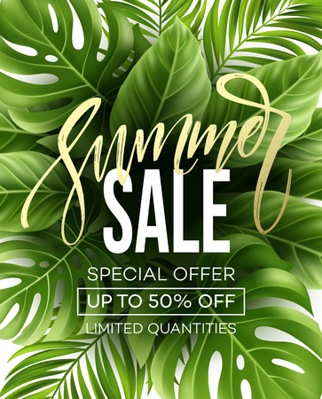Sale banner, poster with palm leaves, jungle leaf and handwriting lettering. Floral tropical summer background. Vector illustrationのイラスト素材