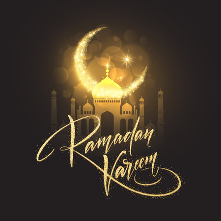Greeting card with Creative Text Ramadan Kareem made by golden glitter. Vector illustrationのイラスト素材