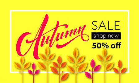 Fall sale background design with colorful paper cut autumn leaves. Vector illustrationのイラスト素材