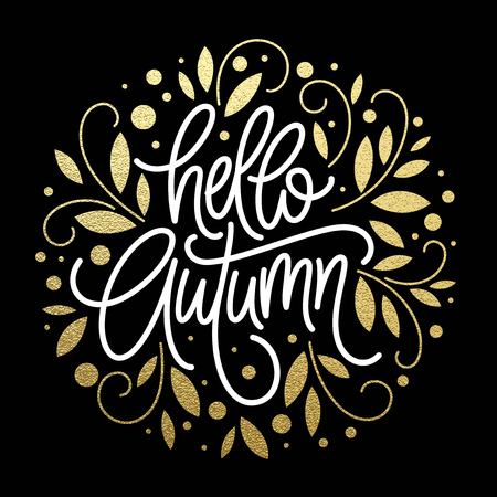 Autumn - Hand drawn vector typography with line leaf pattern in golden glitter color. Vector illustrationのイラスト素材