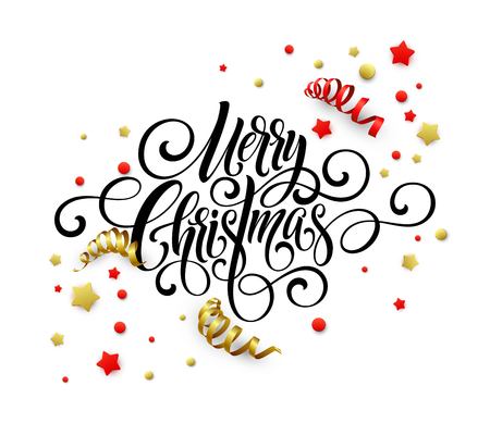 Merry Christmas handwriting script lettering. Christmas congratulatory background with streamers, confetti. Vector illustrationのイラスト素材
