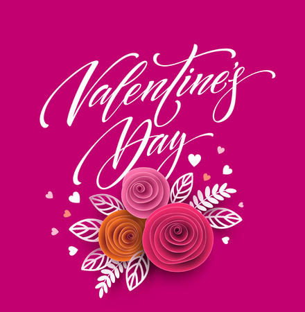 Card of valentines day lettering in paper flower background. Vector illustrationのイラスト素材