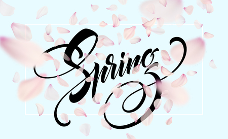 Spring lettering web banner template. Color pink sakura cherry blossom flower blue sky landscape background design. Vector illustration EPS10のイラスト素材