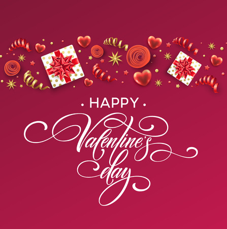 Hand drawn calligraphy lettering Happy Valentine Day. Color gift box, bows and ribbons. Vector illustrationのイラスト素材