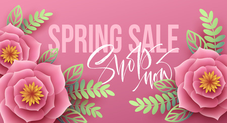 Spring sale banner with paper flowers and calligraphy lettering. Vector illustrationのイラスト素材