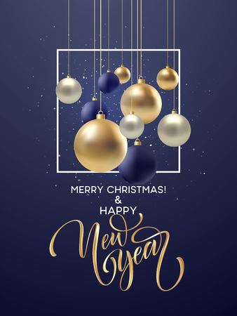 Christmas greeting card, design of xmas black, silvr, gold bauble with golden glitter confetti. Vector illustration EPS10のイラスト素材