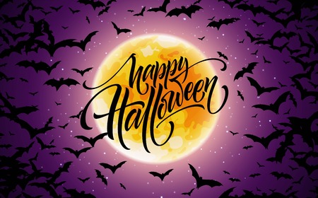 Halloween glowing night background with the moon, bats. Calligraphy, Lettering. Vector illustration EPS10のイラスト素材
