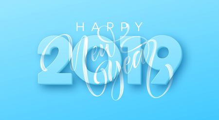 Hand drawn lettering Happy New Year 2019 on blue background. Vector illustration EPS10のイラスト素材
