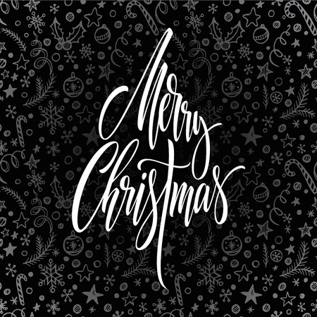 Merry Christmas hand drawn lettering. Xmas calligraphy. Christmas lettering, decorations and objects. Xmas seamless pattern on black background. Cover, poster, postcard design. Vector illustrationのイラスト素材
