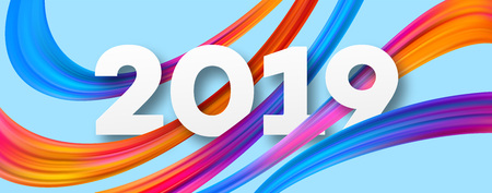2019 New Year acrylic banner design. Vivid acrylic brushstrokes on blue background. 2019 New Year...