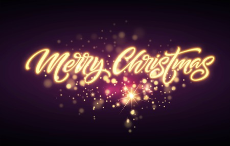 Merry Christmas neon lettering. Xmas greeting sign. Merry Christmas golden neon light isolated on black background. Xmas calligraphic text. Postcard, banner design element. Vector illustrationのイラスト素材