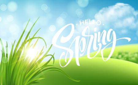 Frash Spring green grass landscape background with handwriting lettering. Vector illustration EPS10のイラスト素材