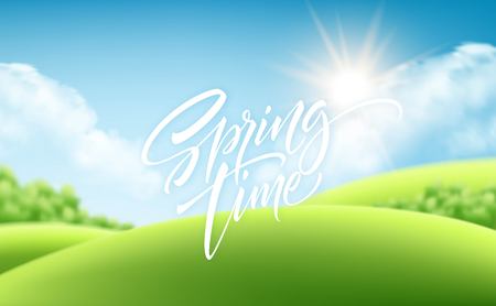 Spring time green grass landscape background with handwriting lettering. Vector illustrationのイラスト素材