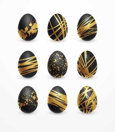 Happy Easter realistic black and golden shine decorated eggs set. Vector illustration EPS10のイラスト素材