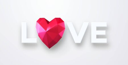 Valentines Day festive background with realistic red ruby low poly heart. Lettering Love paper cut on a white background. Vector illustration EPS 10のイラスト素材