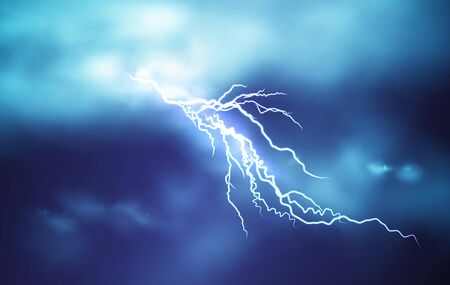 Realistic Lightning effect isolated on a dark blue cloudy sky background. Vector illustration EPS10のイラスト素材