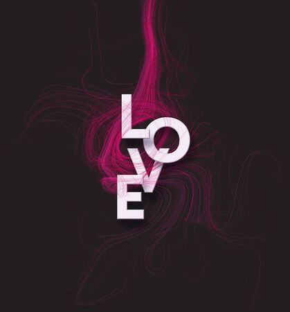 Cut paper letters of the word Love on red background fractal smoke. Flow fluids background. Valentines Day concept. Vector illustration EPS10のイラスト素材