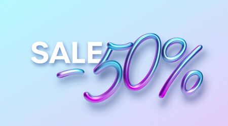 Realistic 3d golden font color rainbow holographic inscription Sale -50. Design element for holiday greeting flyers, banners, certificates, postcards. Vector illustration EPS10のイラスト素材