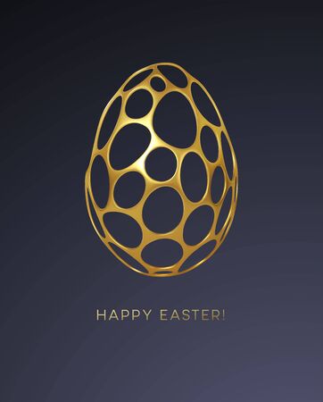 Easter greeting card with an image of an Easter egg in a golden organic realistic 3d grid pattern. Jewelry decoration. Luxury ornament. Vector illustrationのイラスト素材