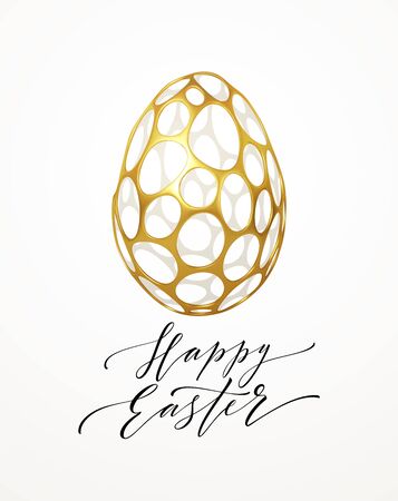 Easter greeting card with an image of an Easter egg in a golden organic realistic 3d grid pattern. Jewelry decoration. Luxury ornament. Vector illustrationのイラスト素材
