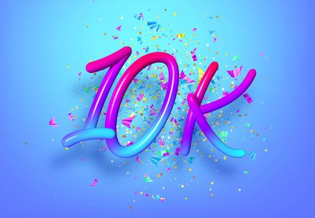 10k followers celebration design with Rainbow numbers, sparkling confetti and glitters. Realistic 3d festive illustration. Party event decoration. Vector illustrationのイラスト素材